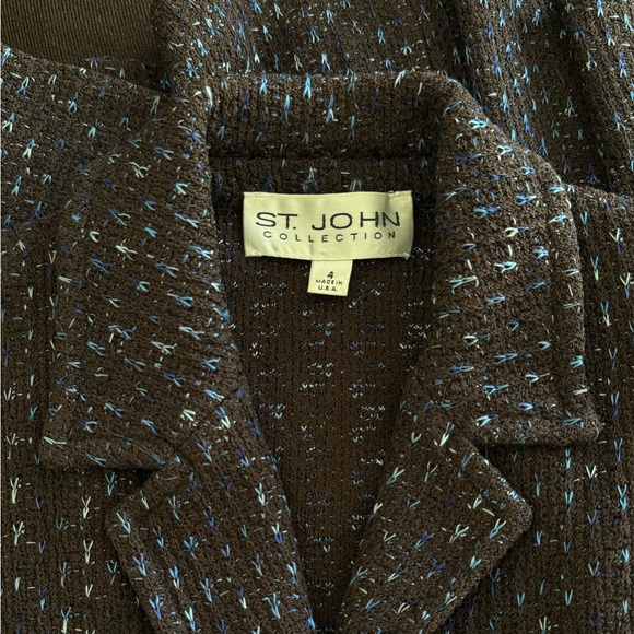 St. John Collection Brown & Blue Santana Knit Tweed Long Line Blazer Size US 4 - Picture 7 of 16